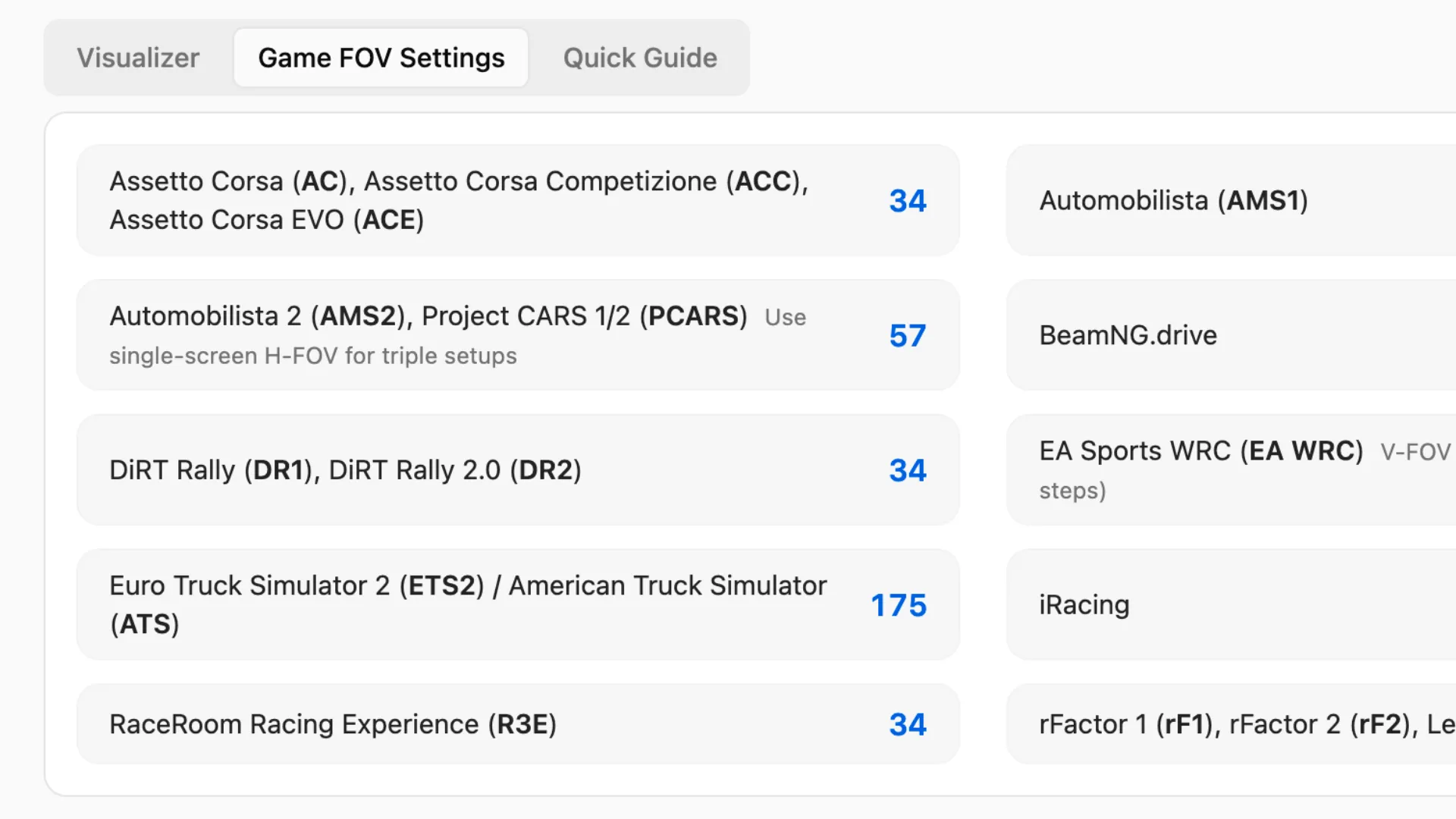 Screen Planner game settings calculator showing per-title FOV values.